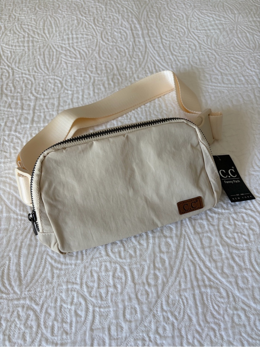 C.C Beige Nylon Belt Bag with Brown Leather Logo Patch NWT